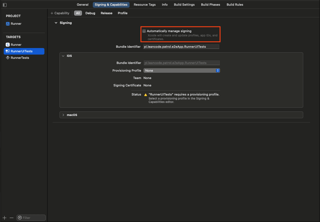 Xcode disable automatic signing in XCUITests Target